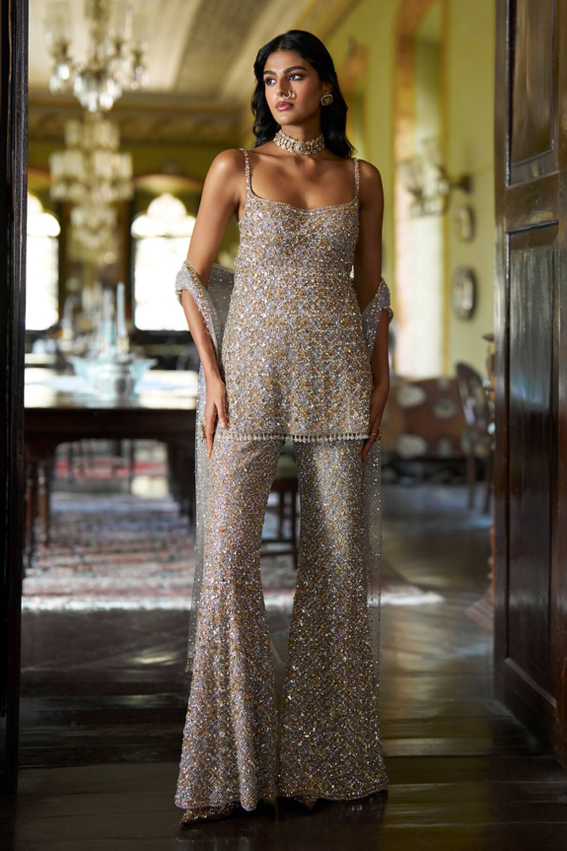 Seema Gujral Silver Gold Crystal Embroidered Kurta Pant Set 