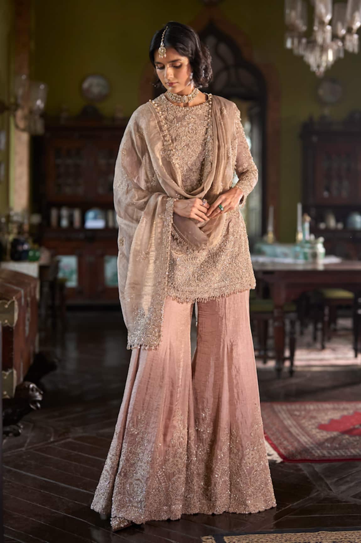 Seema Gujral Peach Gold Embroidered Kurta Sharara Set 