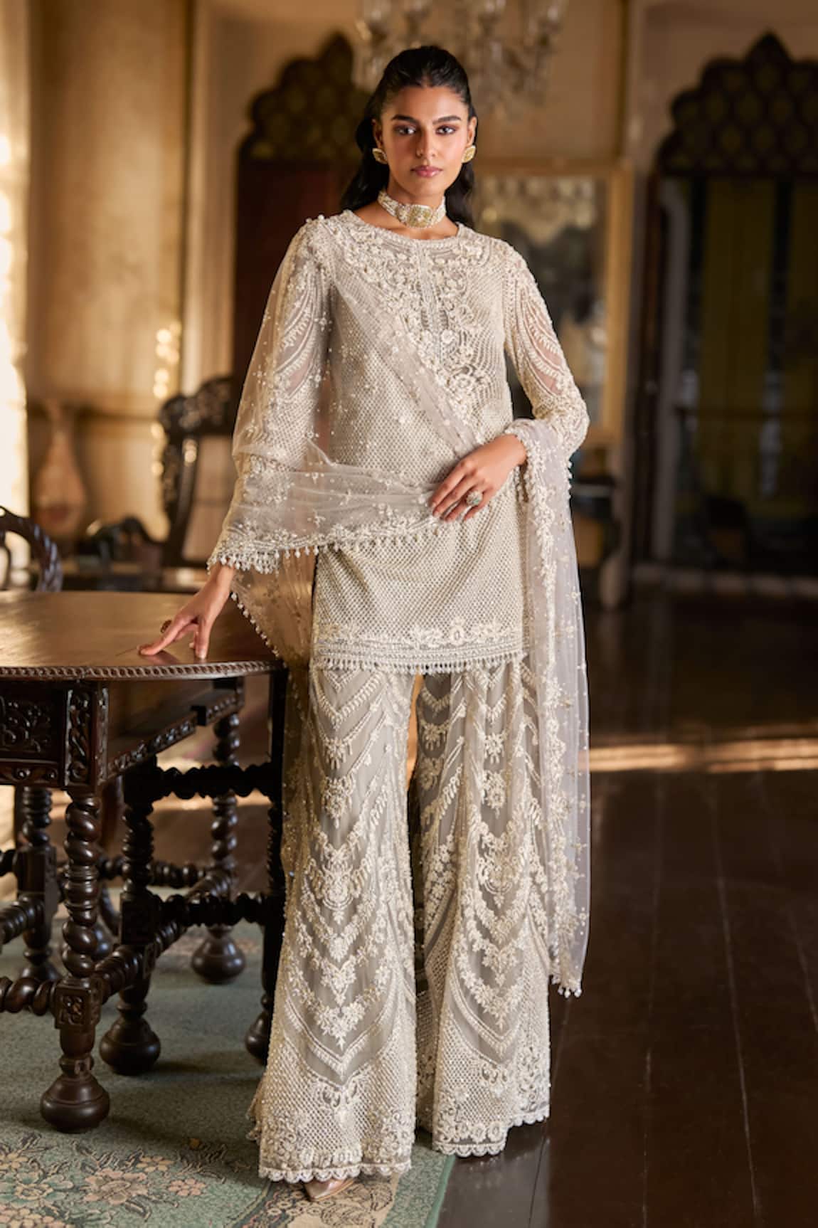 Seema Gujral Grey Thread Work Kurta Sharara Set 