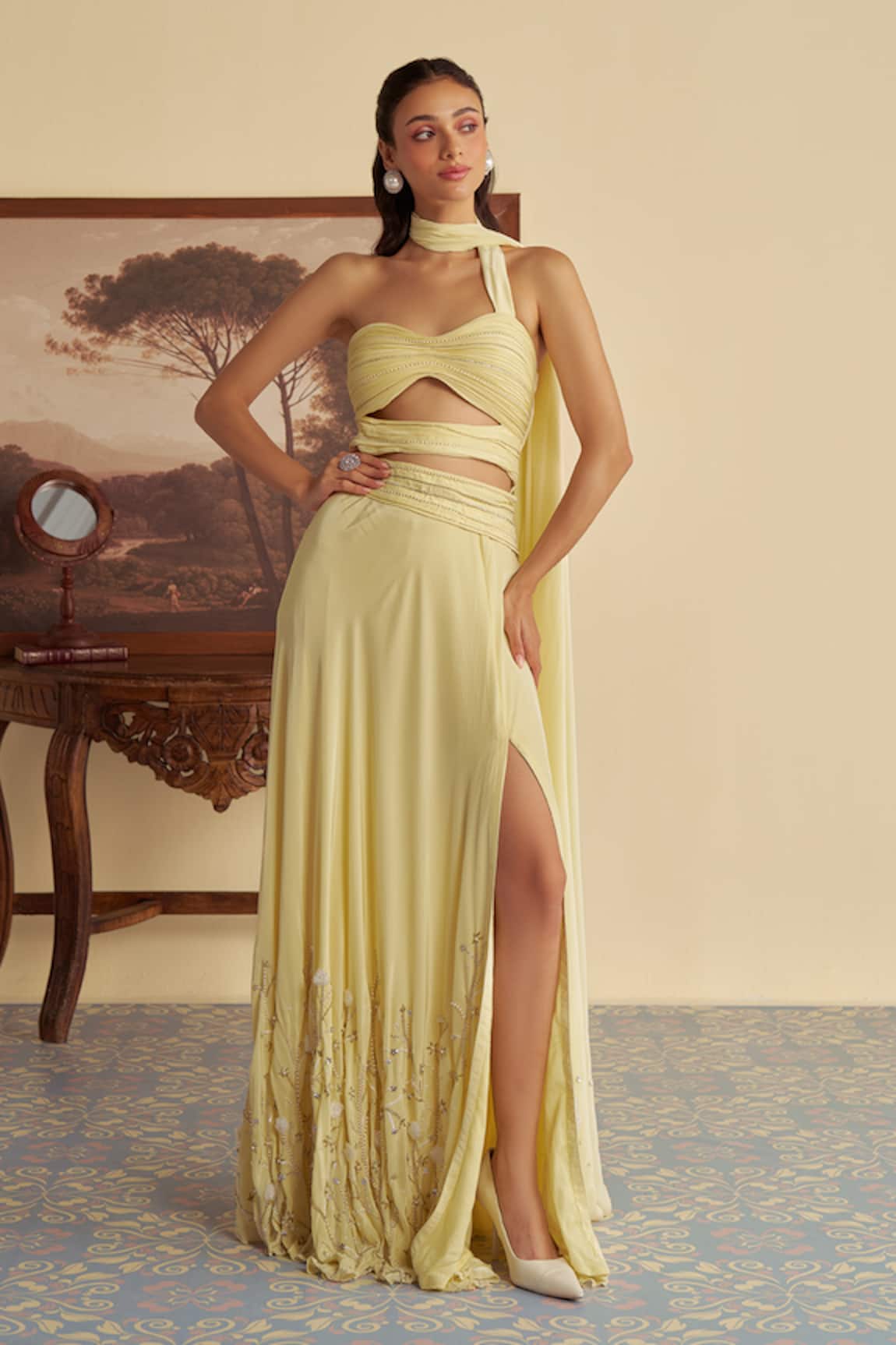 Jade By Ashima Sunlit Slit Draped Gown 