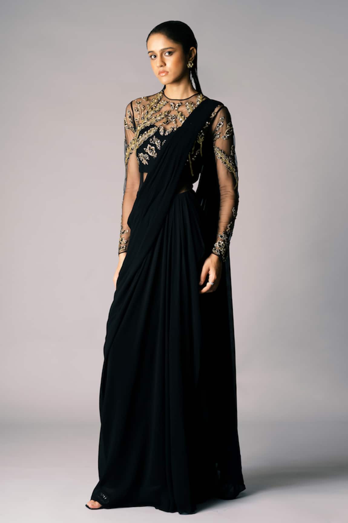 Vivek Patel 3D Embroidered Black Saree Gown 