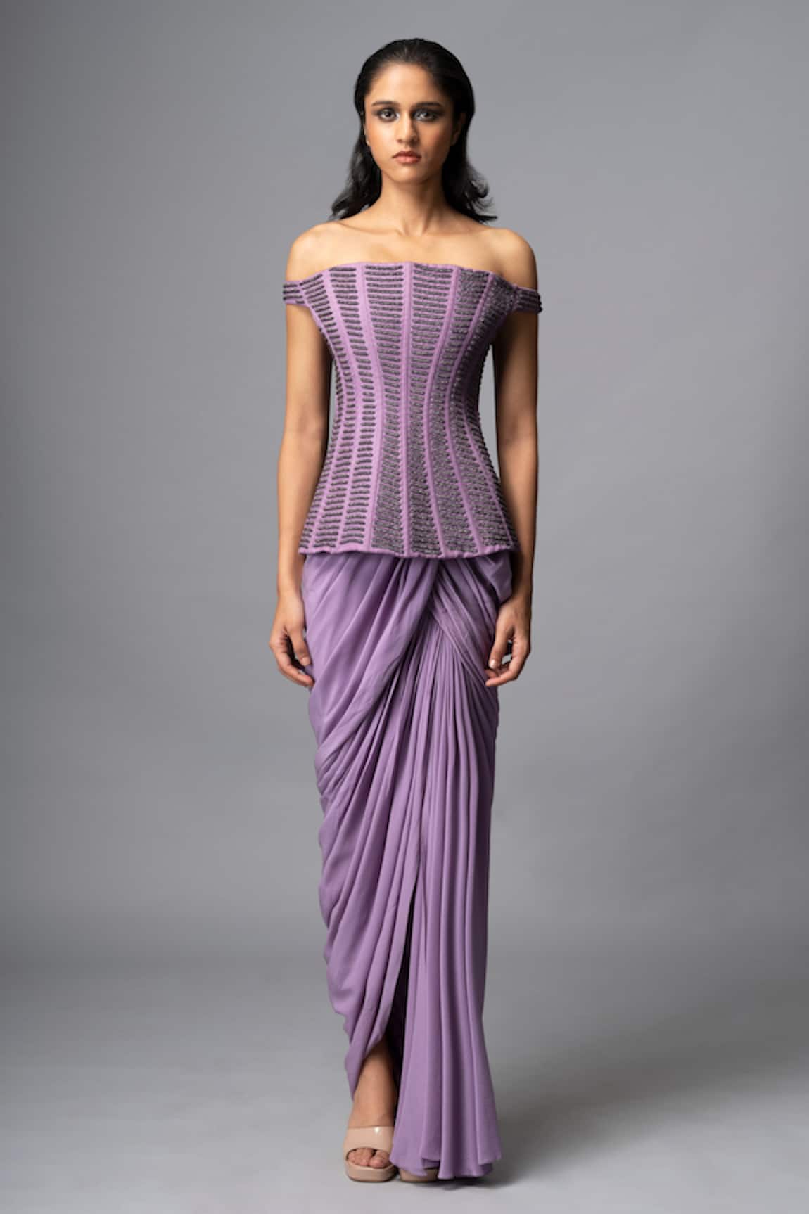 Vivek Patel Off Shoulder Corset With Skirt 