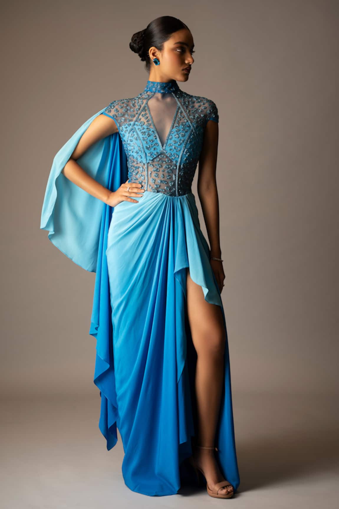 Vivek Patel Cyan Ombre Saree Gown 