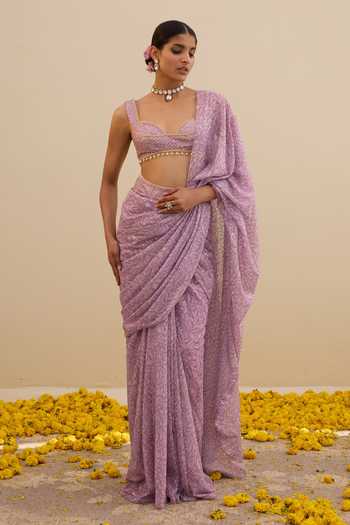 Cedar & Pine Floral Print Pre-Draped Saree With Blouse 