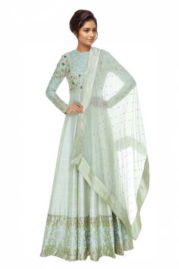 Blue Lotus Design Embroidered yoke anarkali kurta with banarasi dupatta 
