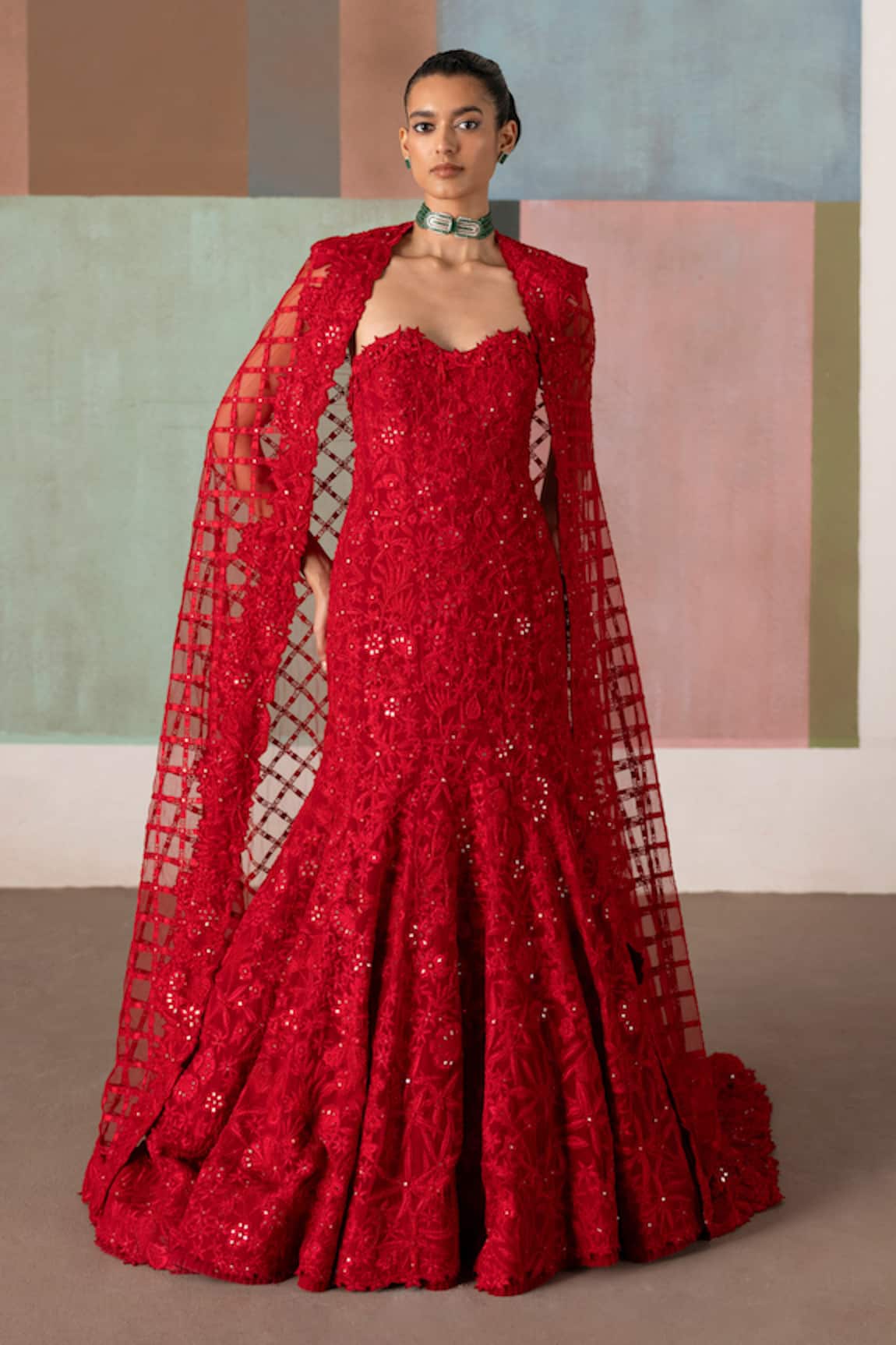 Mishru Cheryl Embroidered Organza Gown With Cape 