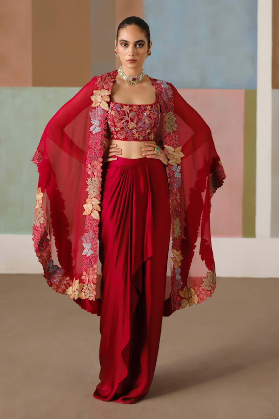 Mishru Lea Embroidered Cape Draped Skirt Set 