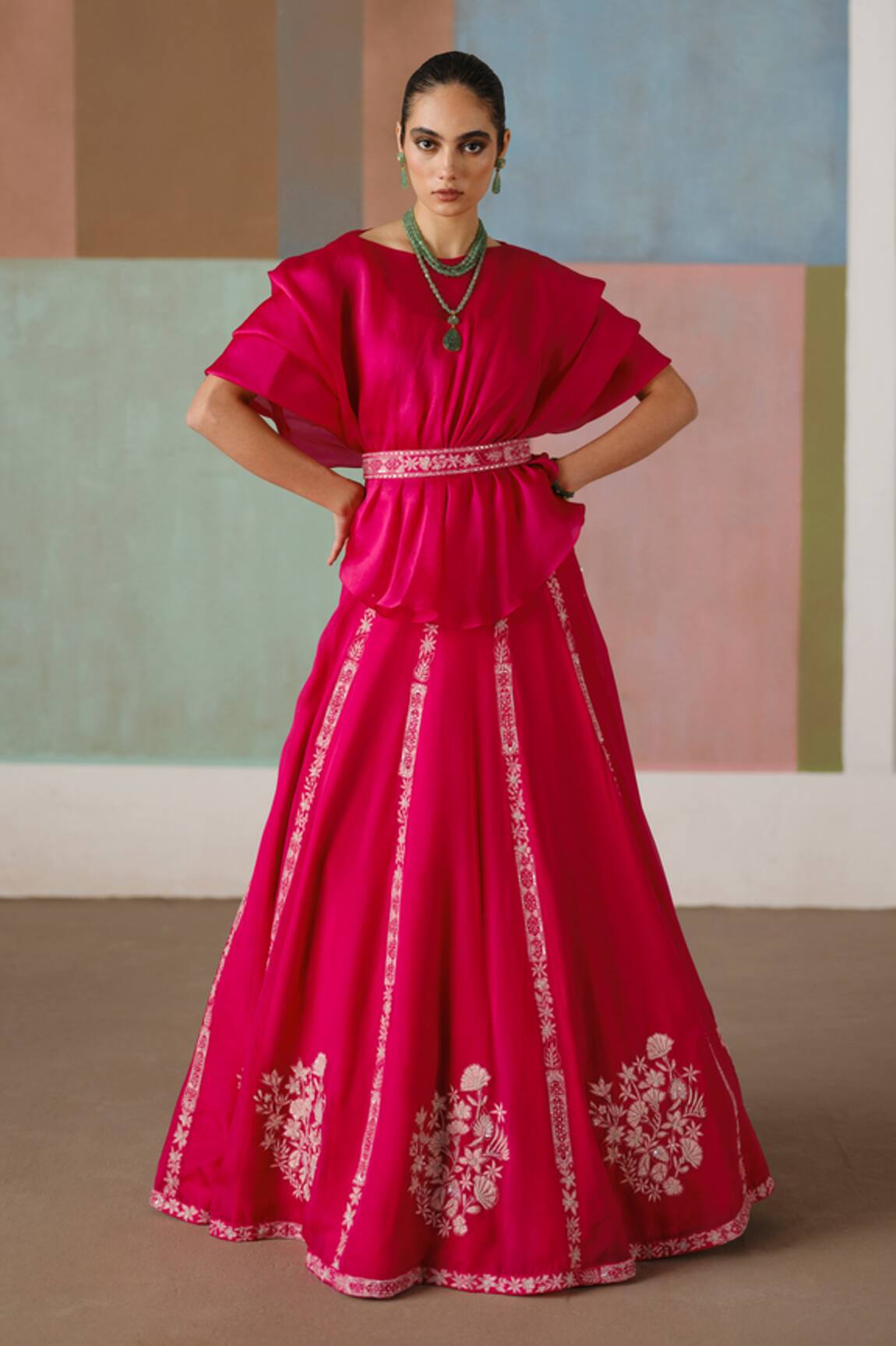 Mishru Saira Floral Embroidered Top & Skirt Set 