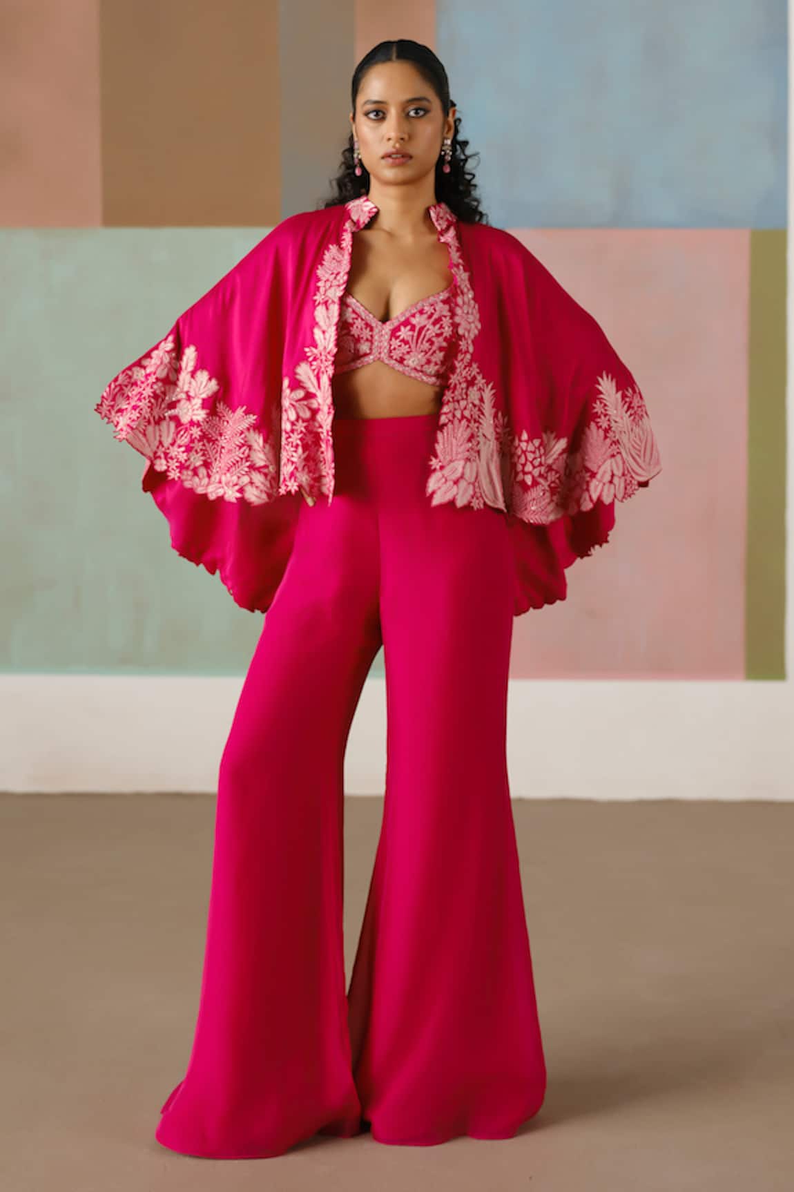 Mishru Kalie Embroidered Cape Bustier & Flared Pant Set 