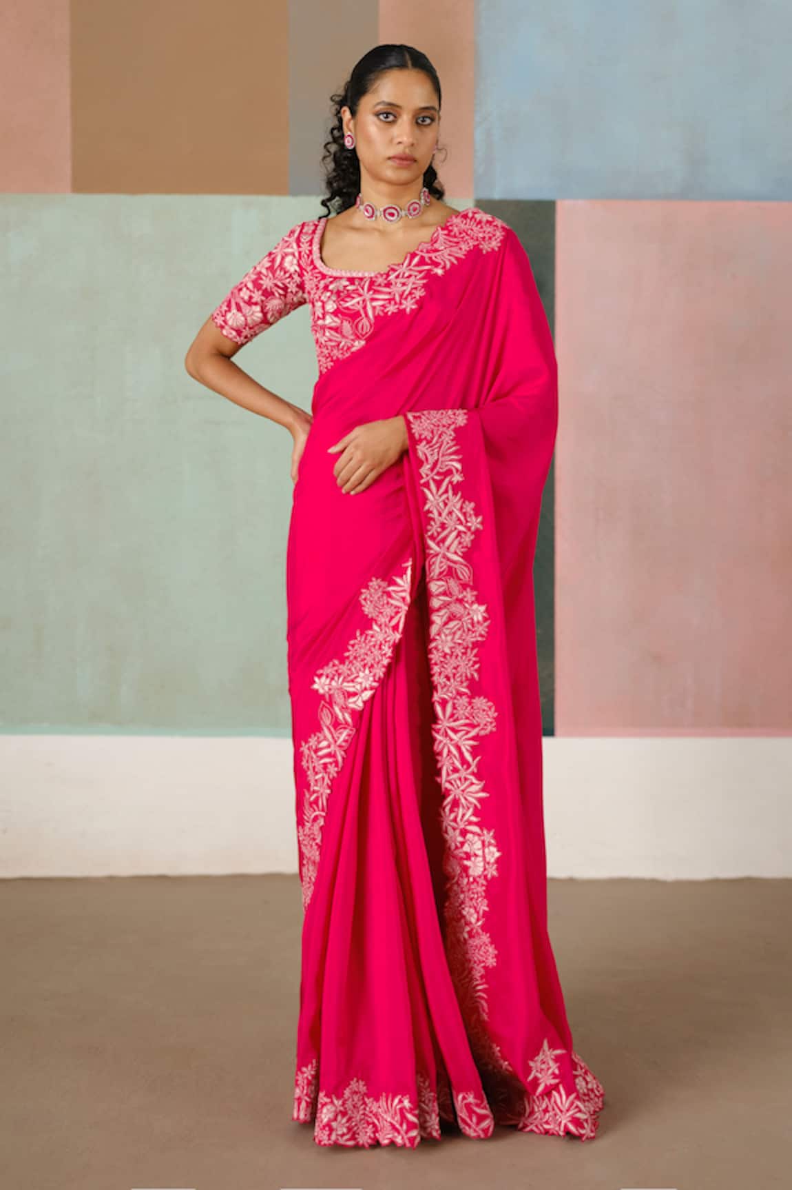 Mishru Vida Floral Embroidered Saree With Blouse 