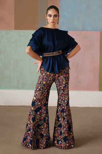 Mishru Elin Organza Draped Top & Flared Pant Set 