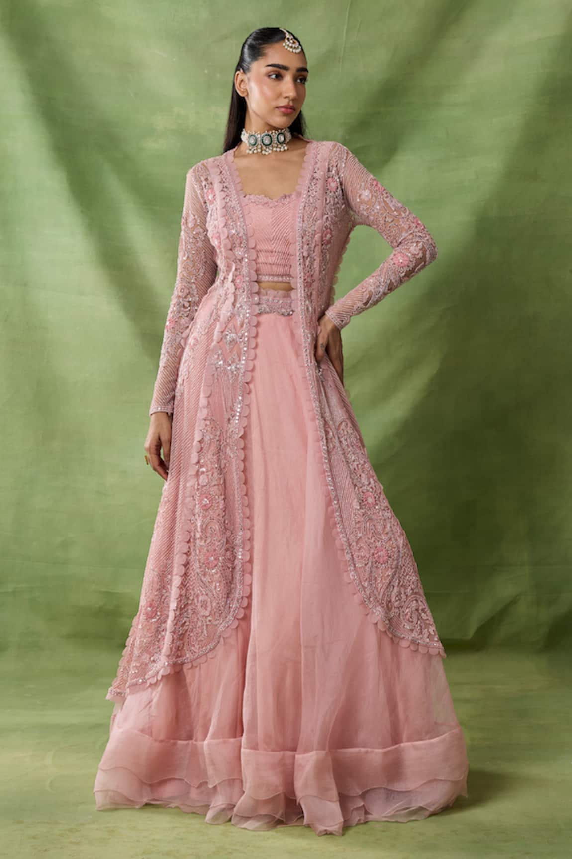 Awigna Venus Embroidered Long Jacket Skirt Set 