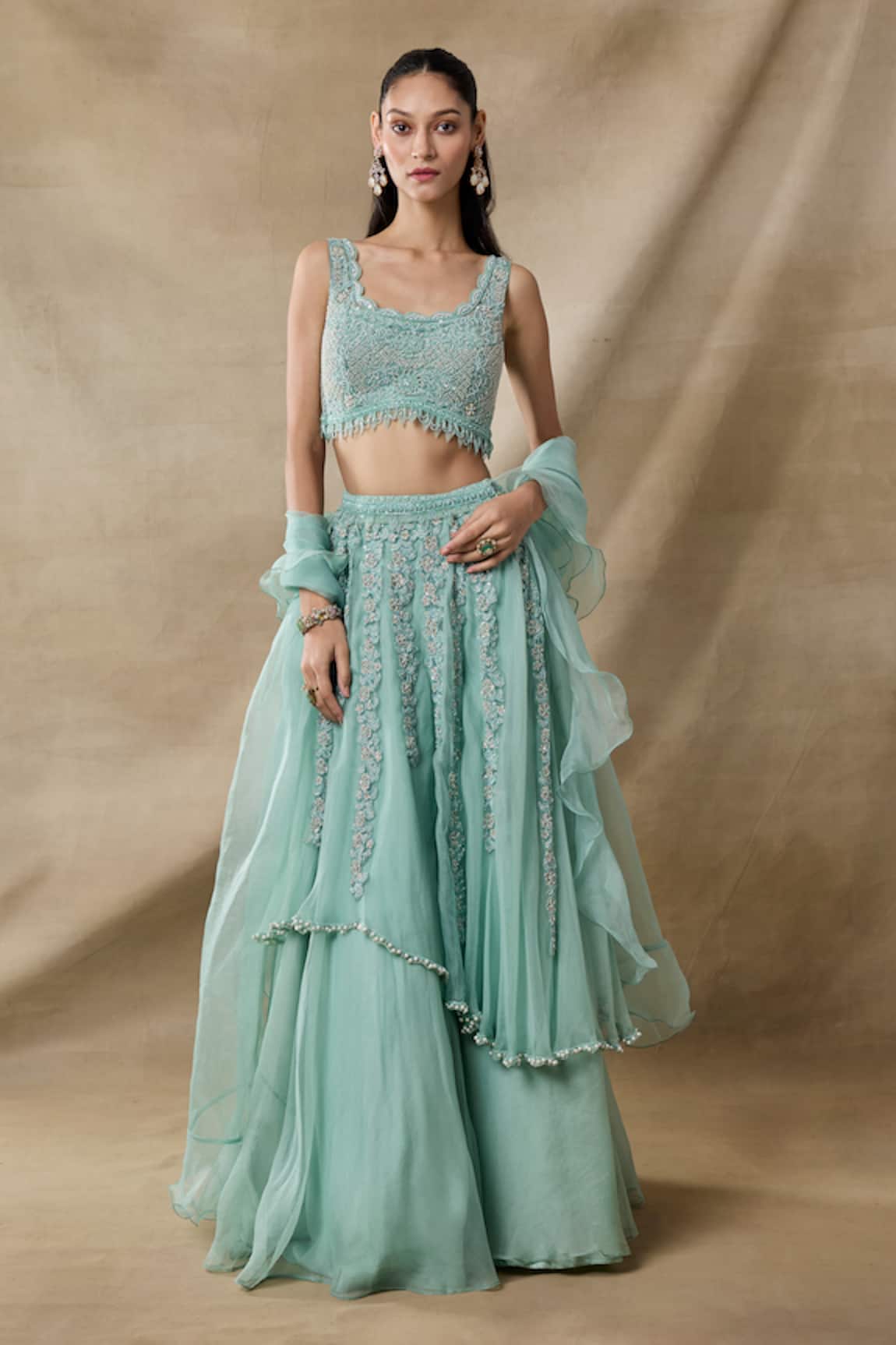 Awigna Aurore Cutdana Embroidered Layered Lehenga Set 