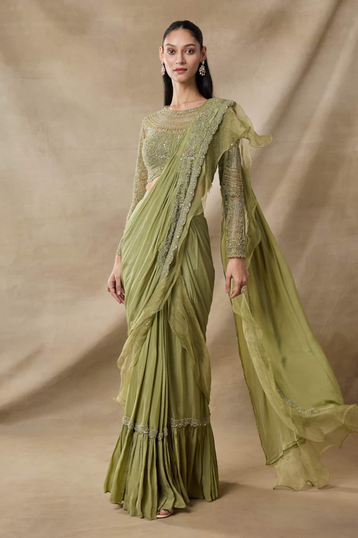 Awigna Bebin Embellished Ruffle Pre-Draped Saree With Blouse 