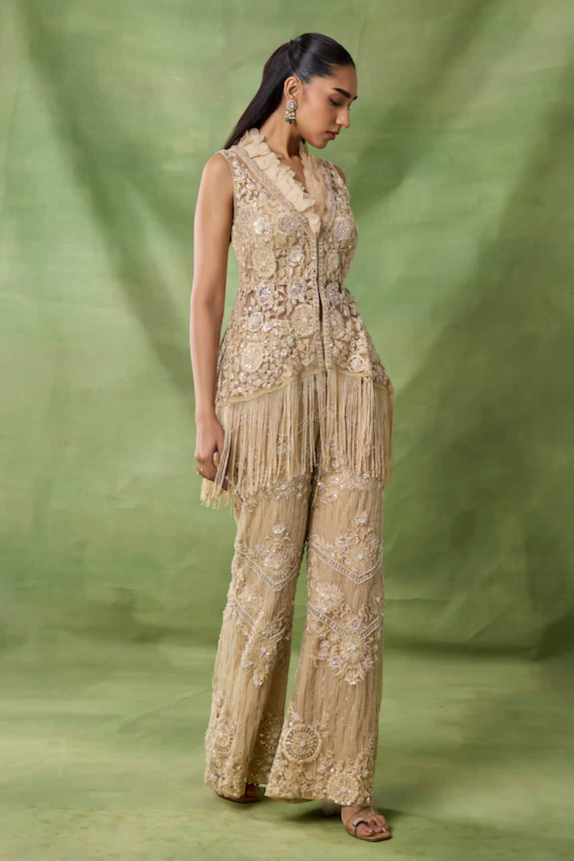 Awigna Luna Embellished Peplum Top & Pant Set 