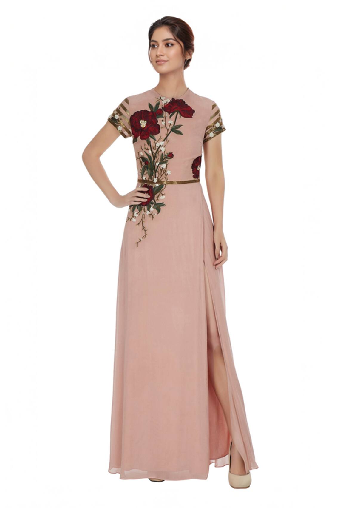 Huemn Pink embroidered gown with sequence waist-band 