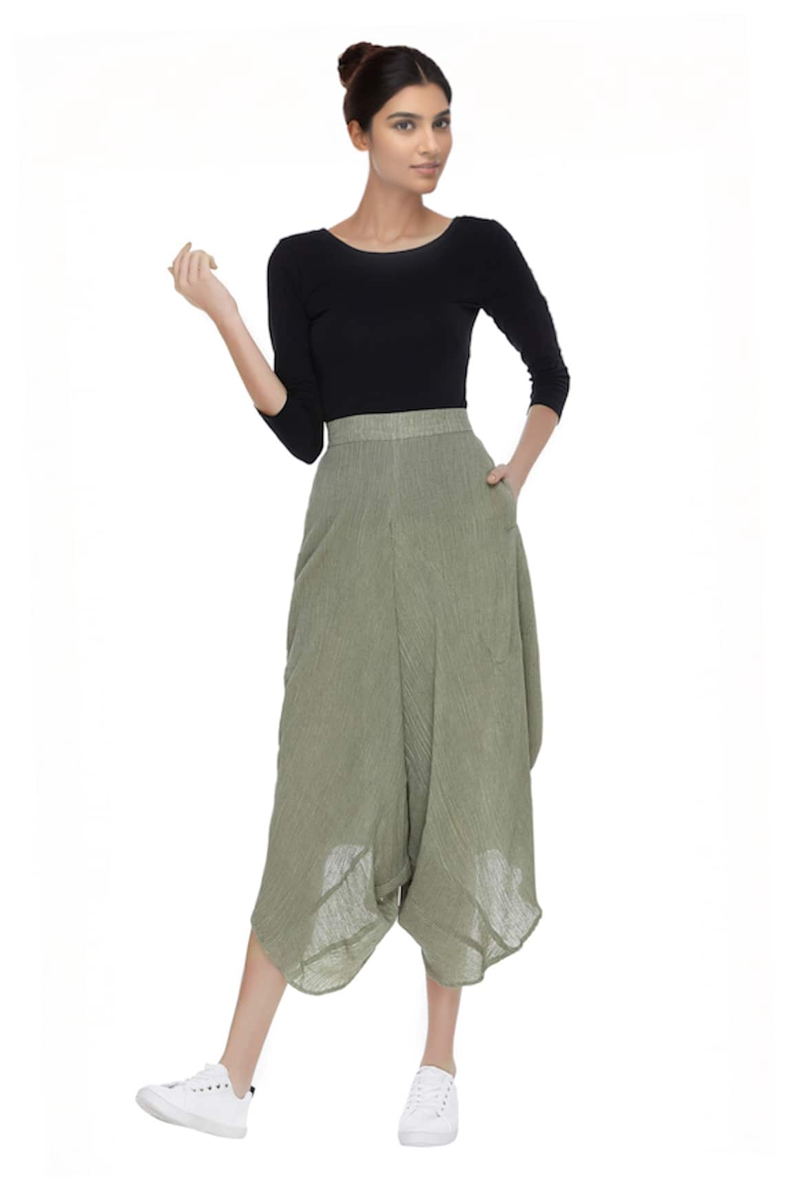 Urvashi Kaur Crinkle Cotton Draped Cropped Pants 