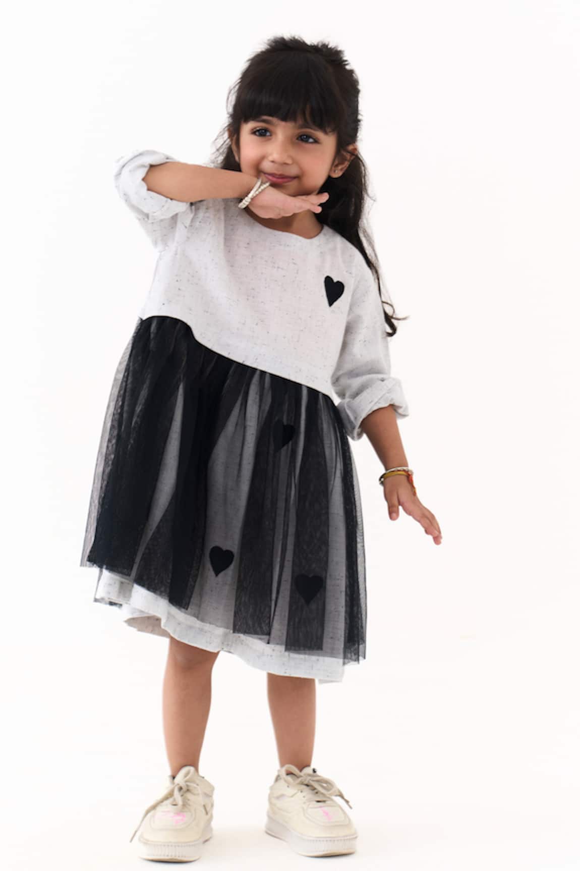 Three Yoke Gathered Heart Embroidered Dress 