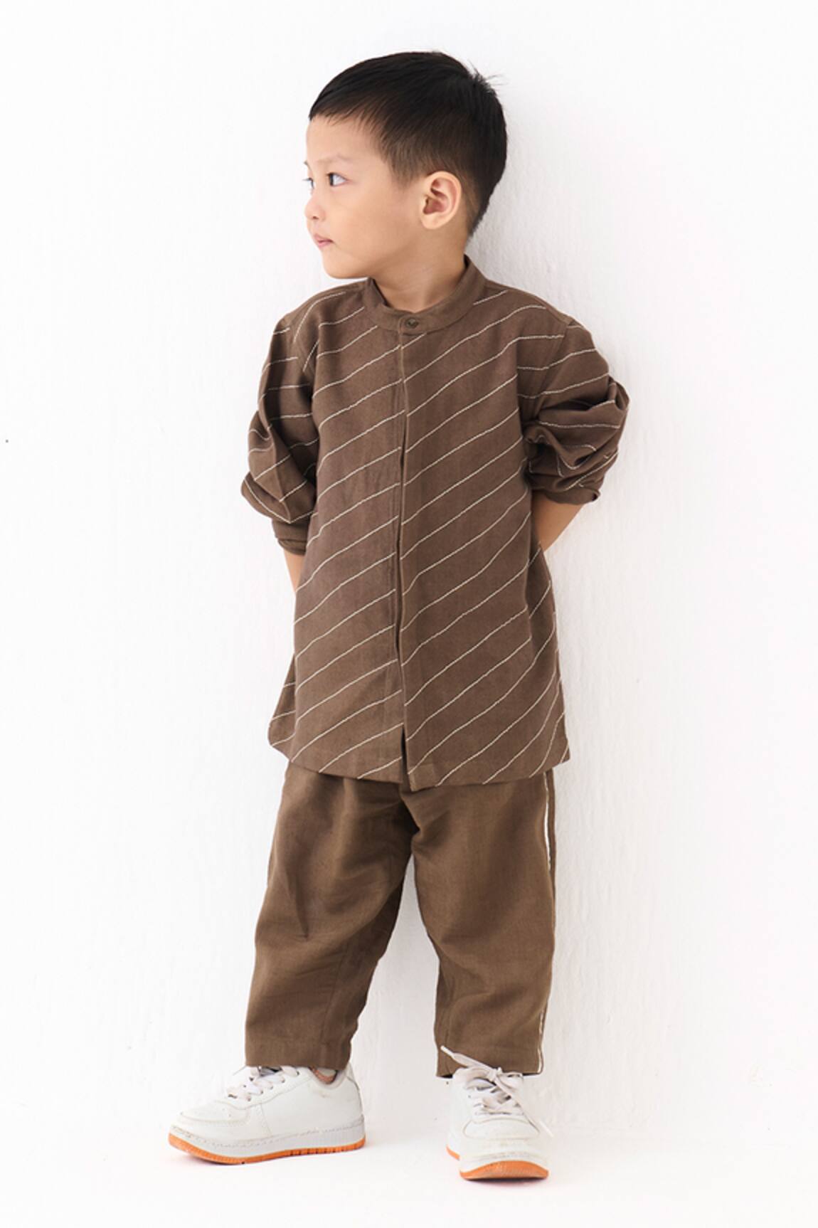 Three Linear Abstract Embroidered Shirt & Pant Set 