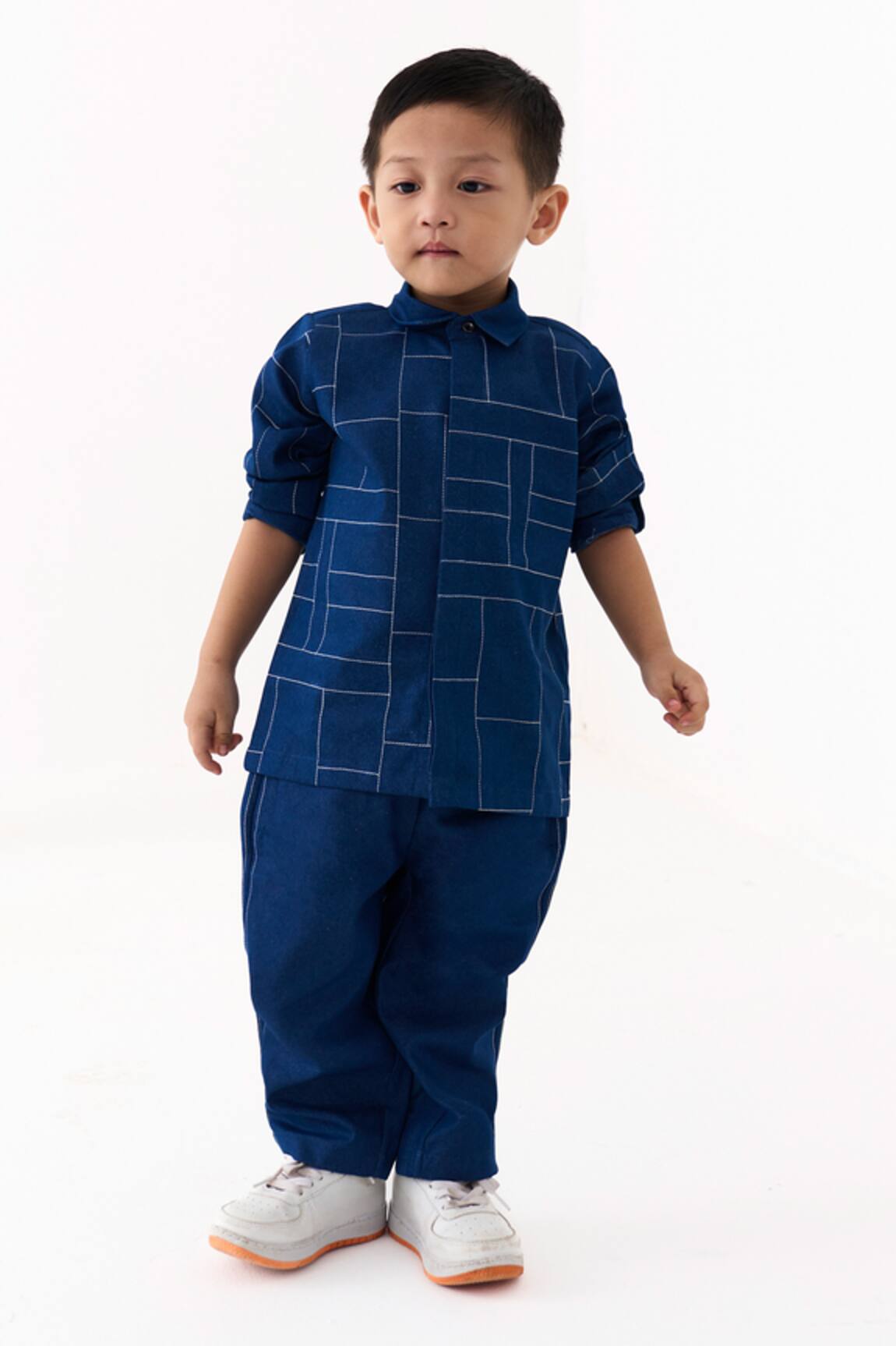 Three Grid Embroidered Shirt With Pant 