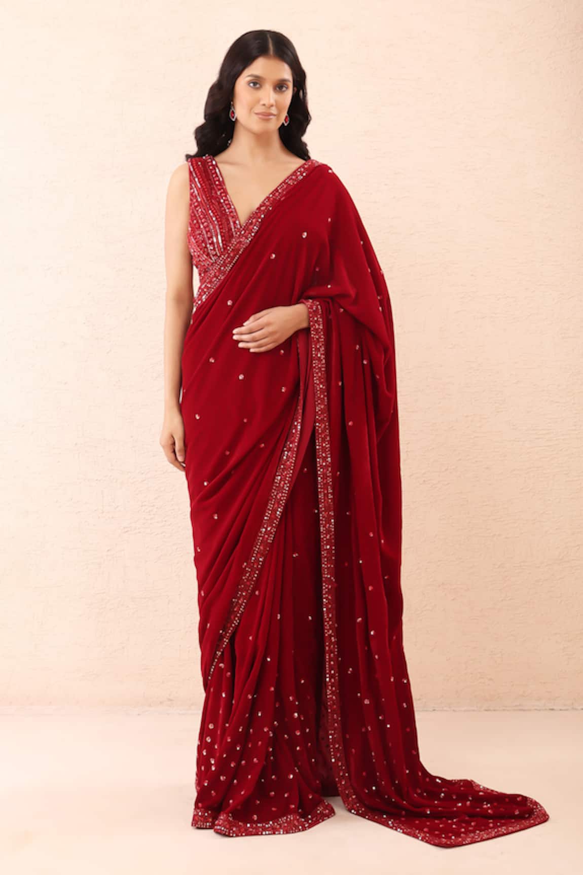 Priyanka Jain Velvet Embroidered Pre-Stitched Saree With Blouse 