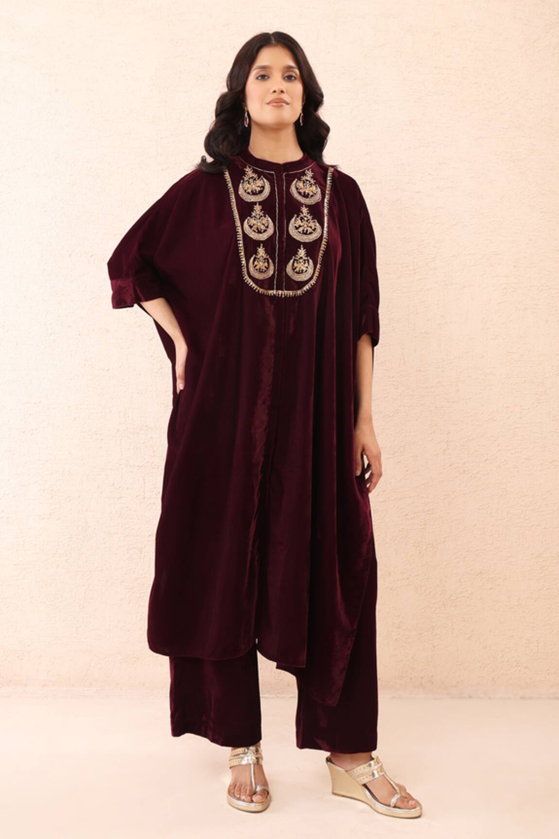 Priyanka Jain Velvet Dori Embroidered Kaftan & Pant Set 