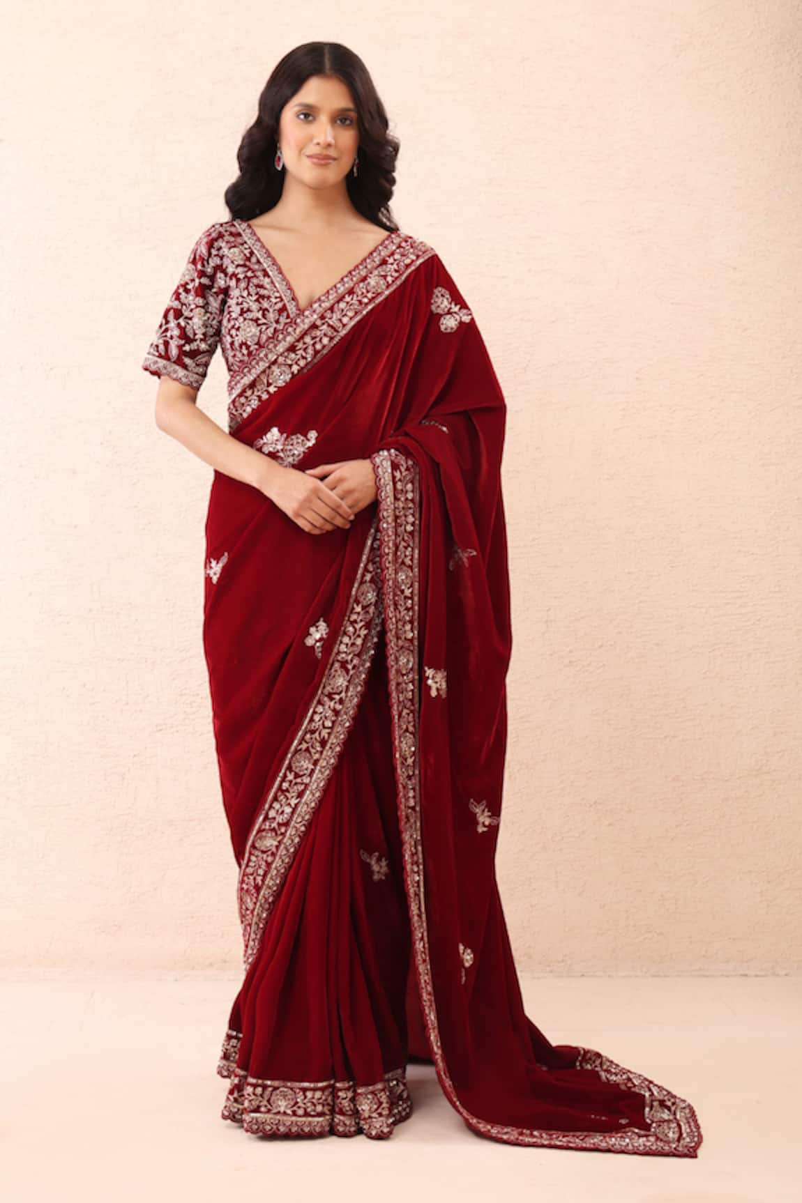 Priyanka Jain Velvet Embroidered Pre-Draped Saree With Blouse 