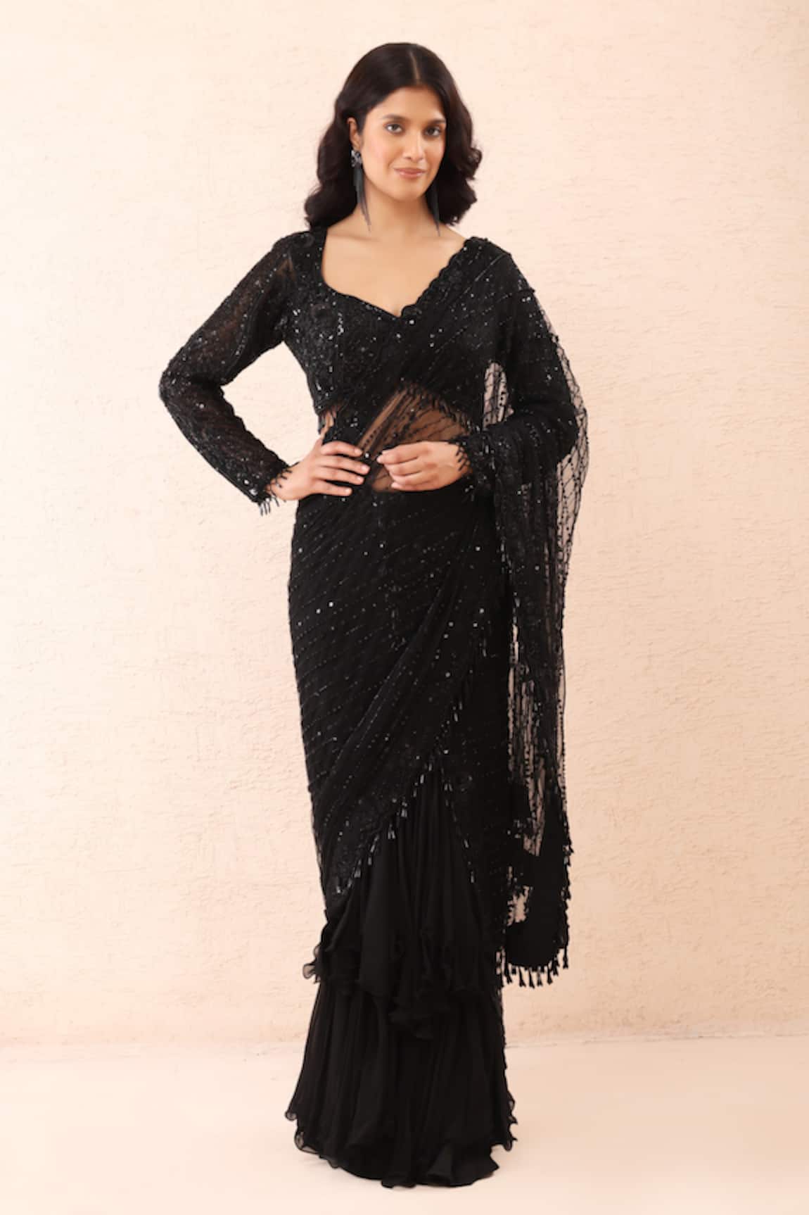 Priyanka Jain Sequin Embroidered Pre-Draped Saree With Blouse 