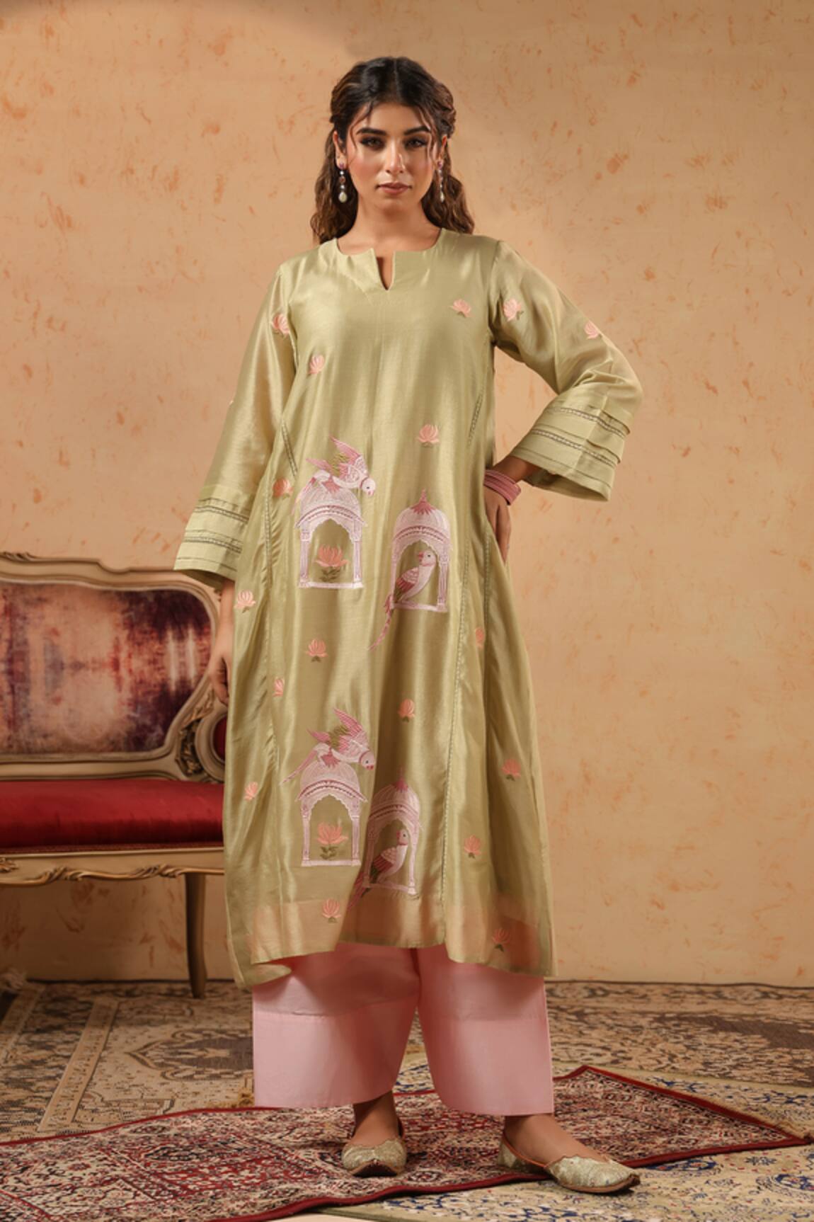 Anshu Wadhwa Chanderi Embroidered Kurta & Palazzo Set 