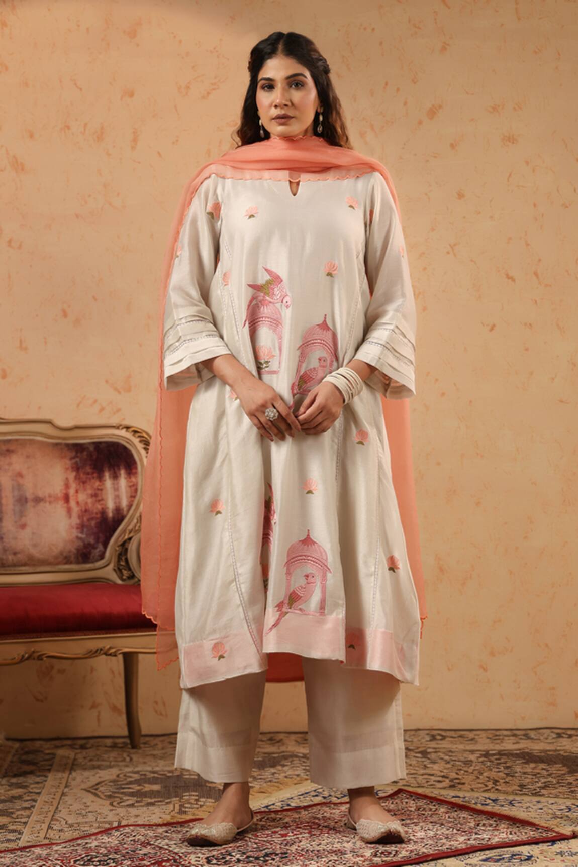 Anshu Wadhwa Gathered Chanderi Embroidered Kurta & Pant Set 