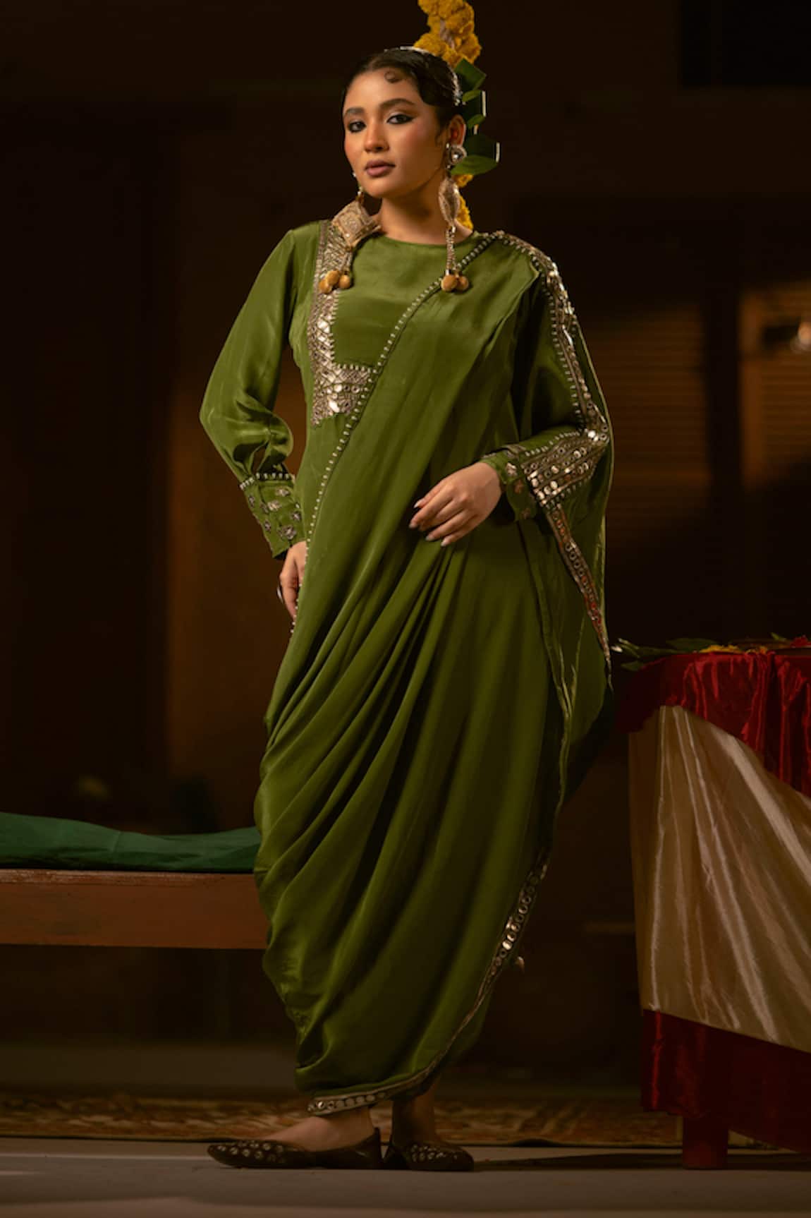 Prahnaaya Sunira Green Embroidered Top Skirt Set 