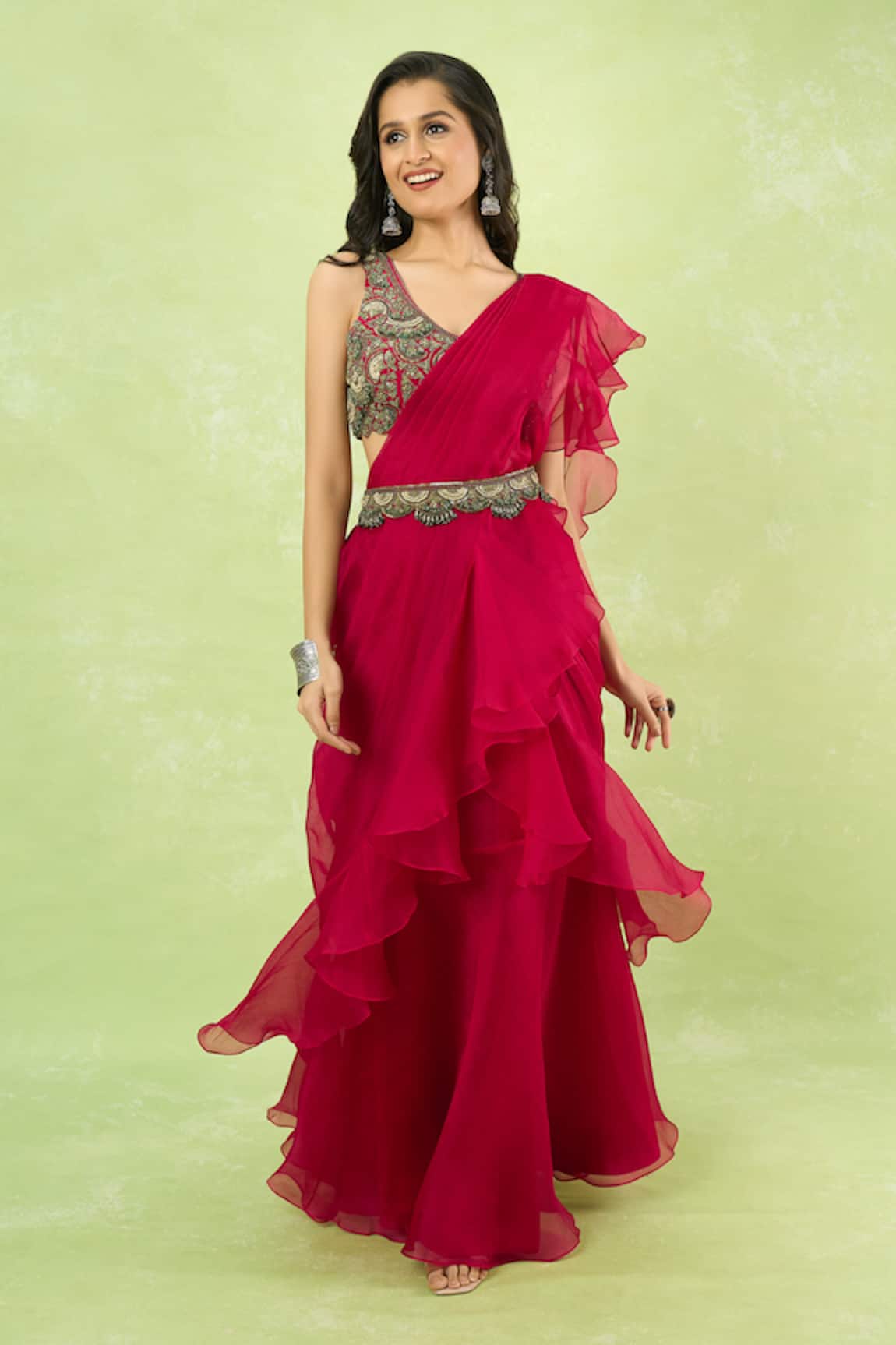 Prisho Ruffle Pre-Draped Saree With Blouse 