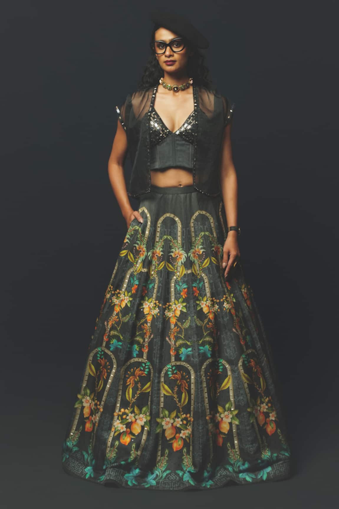 Basil Leaf Printed Lehenga & Cape Set  