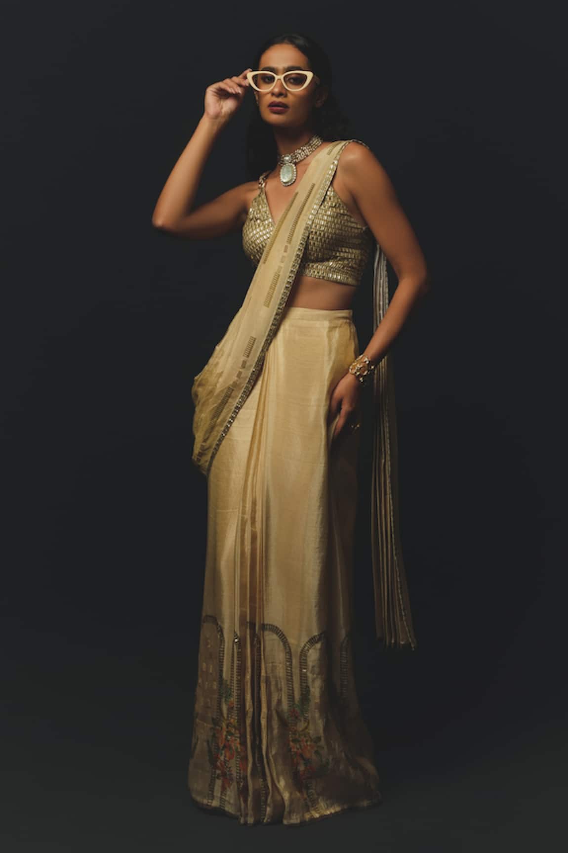 Basil Leaf Printed Pre-Draped Saree & Blouse Set 