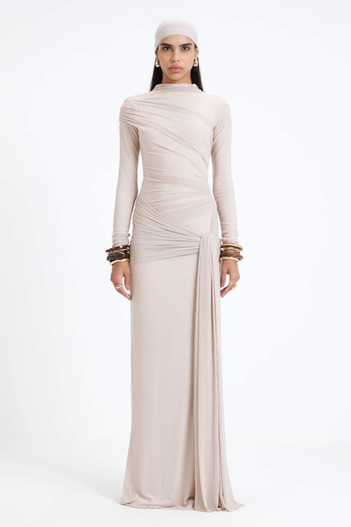 Deme By Gabriella Denise Ruched Tie-Up High Neck Maxi Dress 