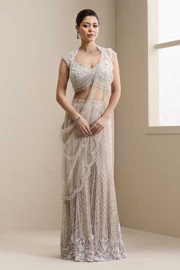 Chaashni By Maansi And Ketan Net Embellished Pre-Draped Lehenga Saree With Blouse 