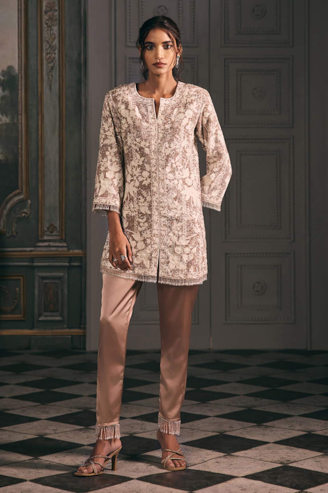 Studio22 By Pulkita Arora Bajaj Amara Embroidered Jacket Kurta & Tasseled Pant Set 