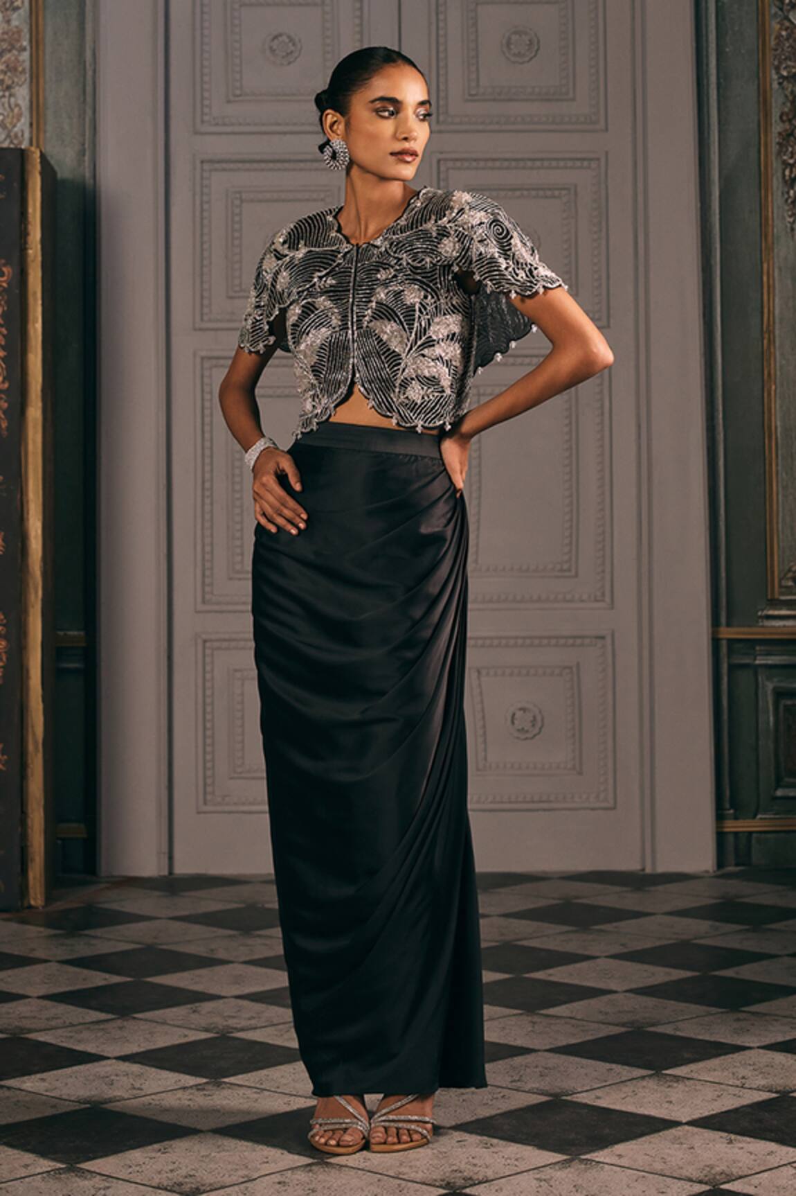 Studio22 By Pulkita Arora Bajaj Lunaris Silver Hand Embroidered Layered Jacket & Draped Skirt 