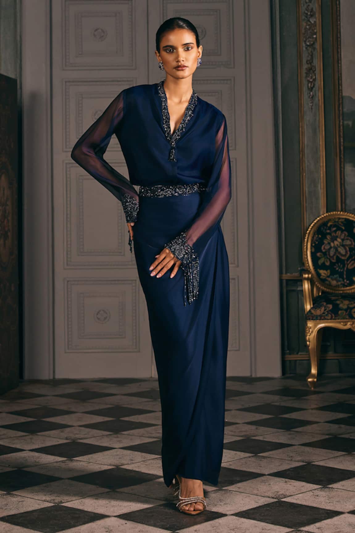 Studio22 By Pulkita Arora Bajaj Altair Draped Skirt & Sheer Embroidered Blouse Set 