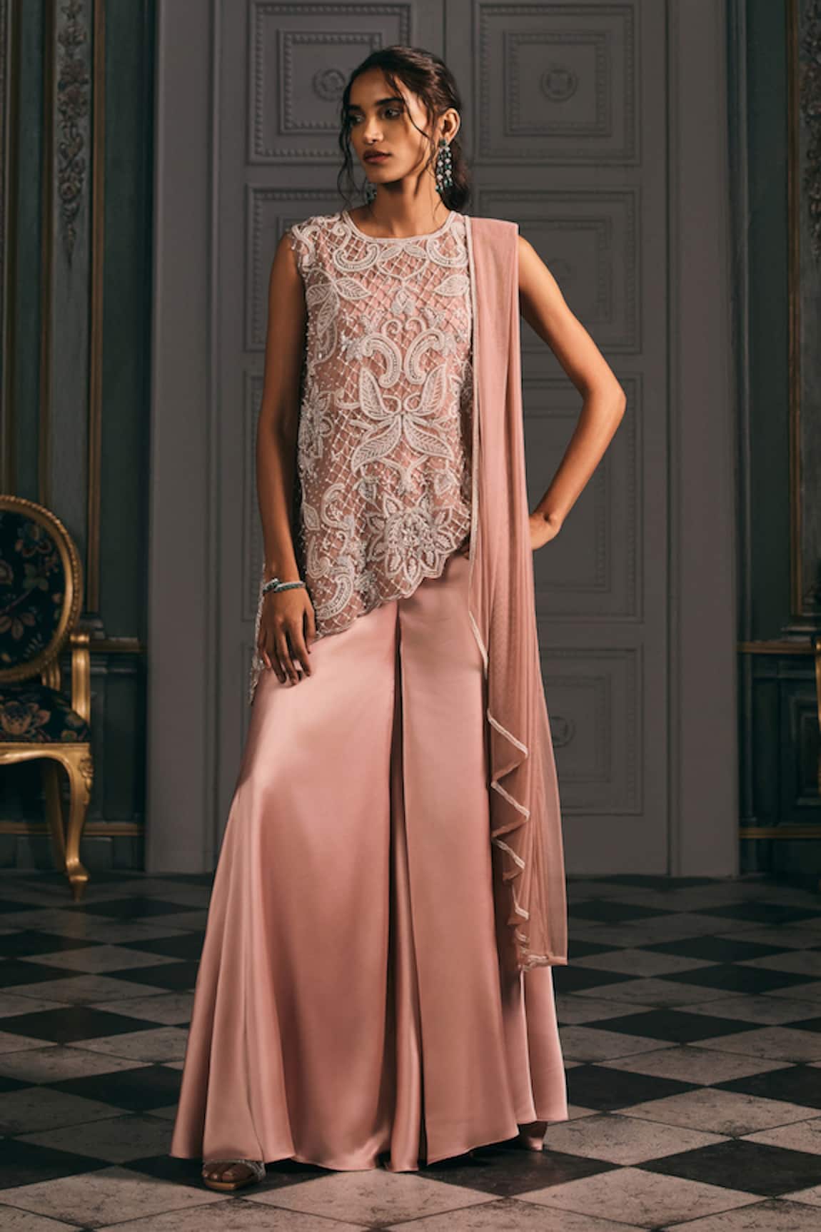 Studio22 By Pulkita Arora Bajaj Baroque Asymmetrical Organza Top & Satin Sharara Set 