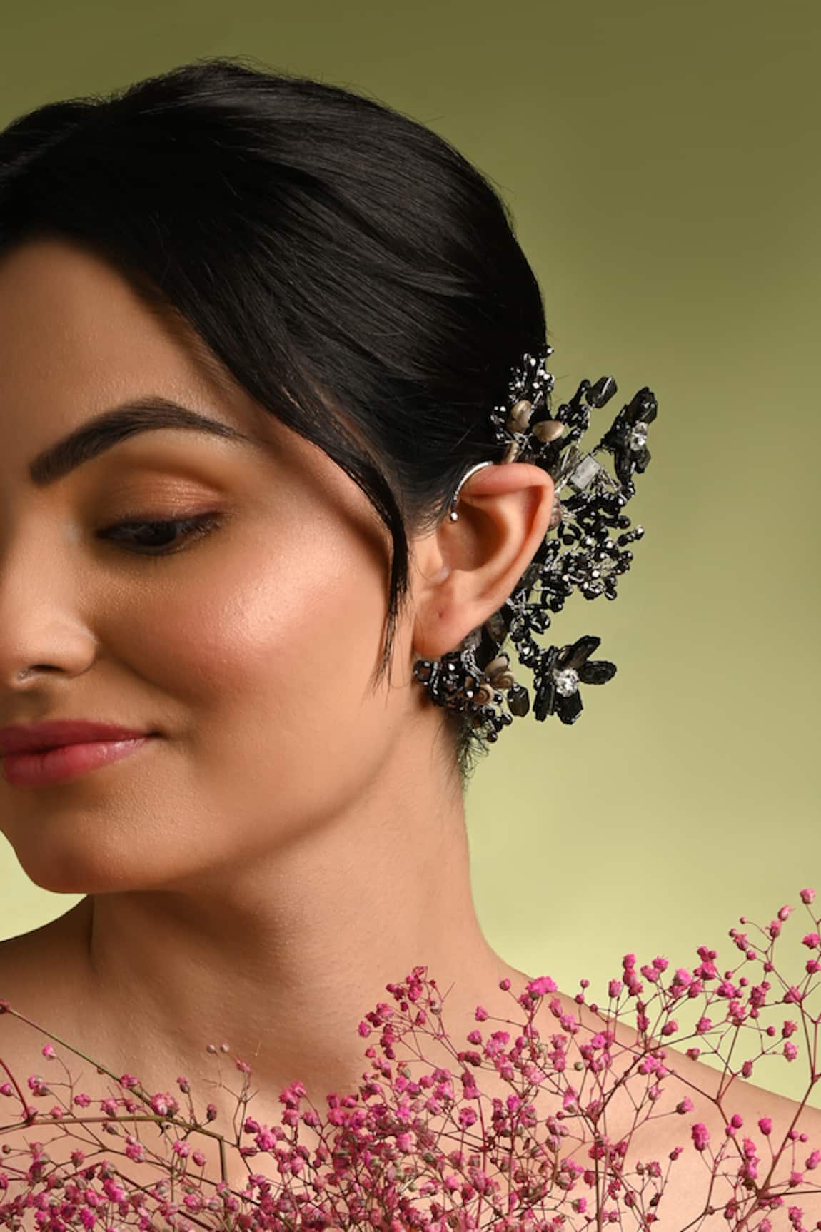 House Of D"Oro Black & Grey Stone Embellished Earcuff 