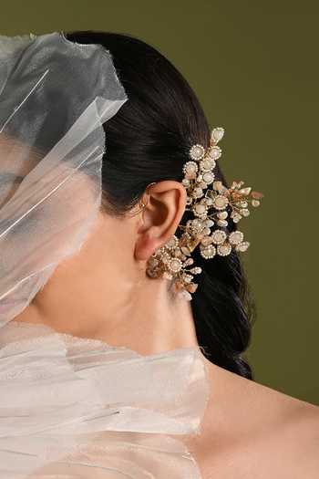 House Of D"Oro Beige & Gold Floral Embellished Earcuff 