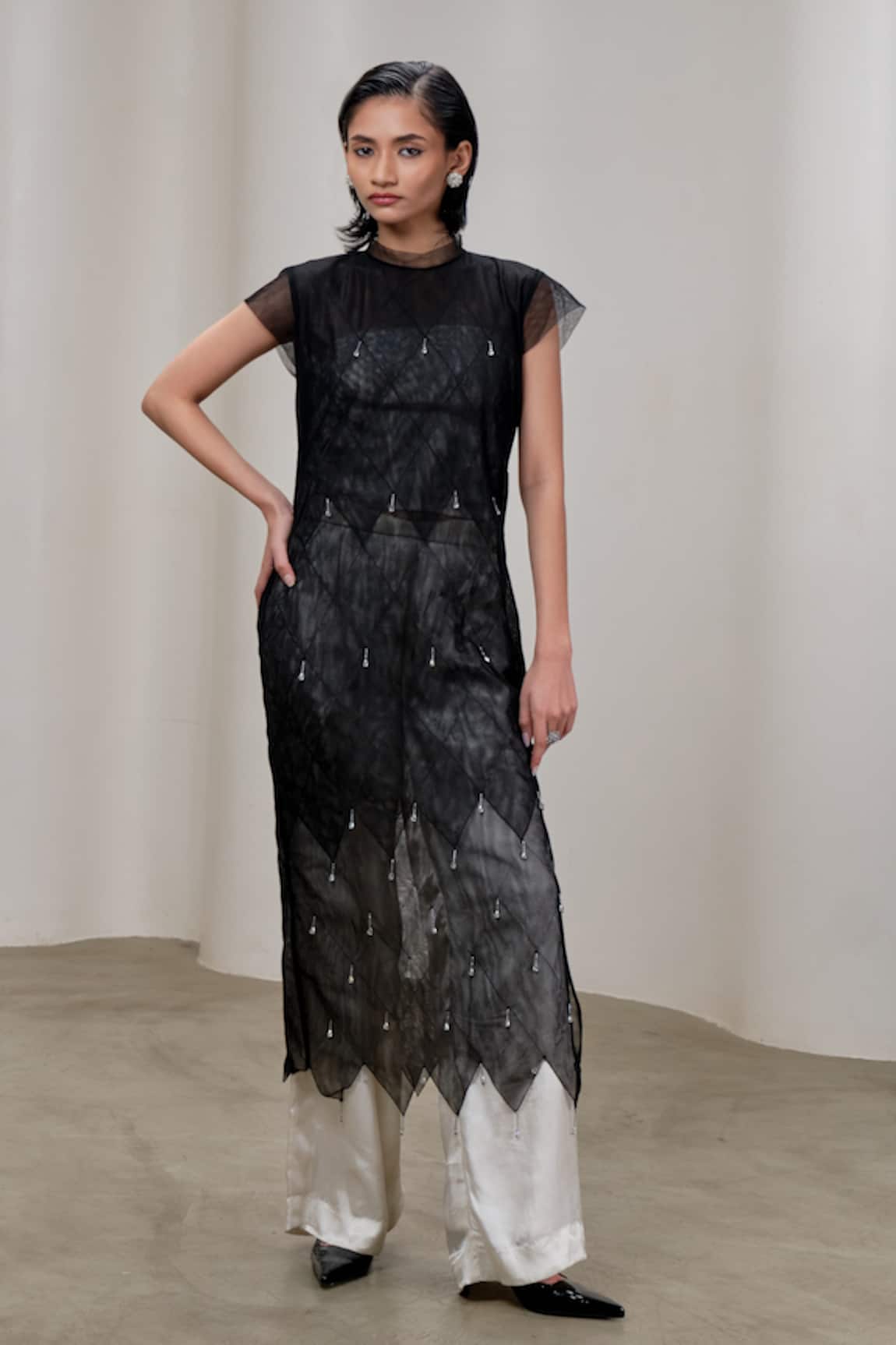 The Right Cut Net Midi Dress With Geometric Cutwork & Beads 