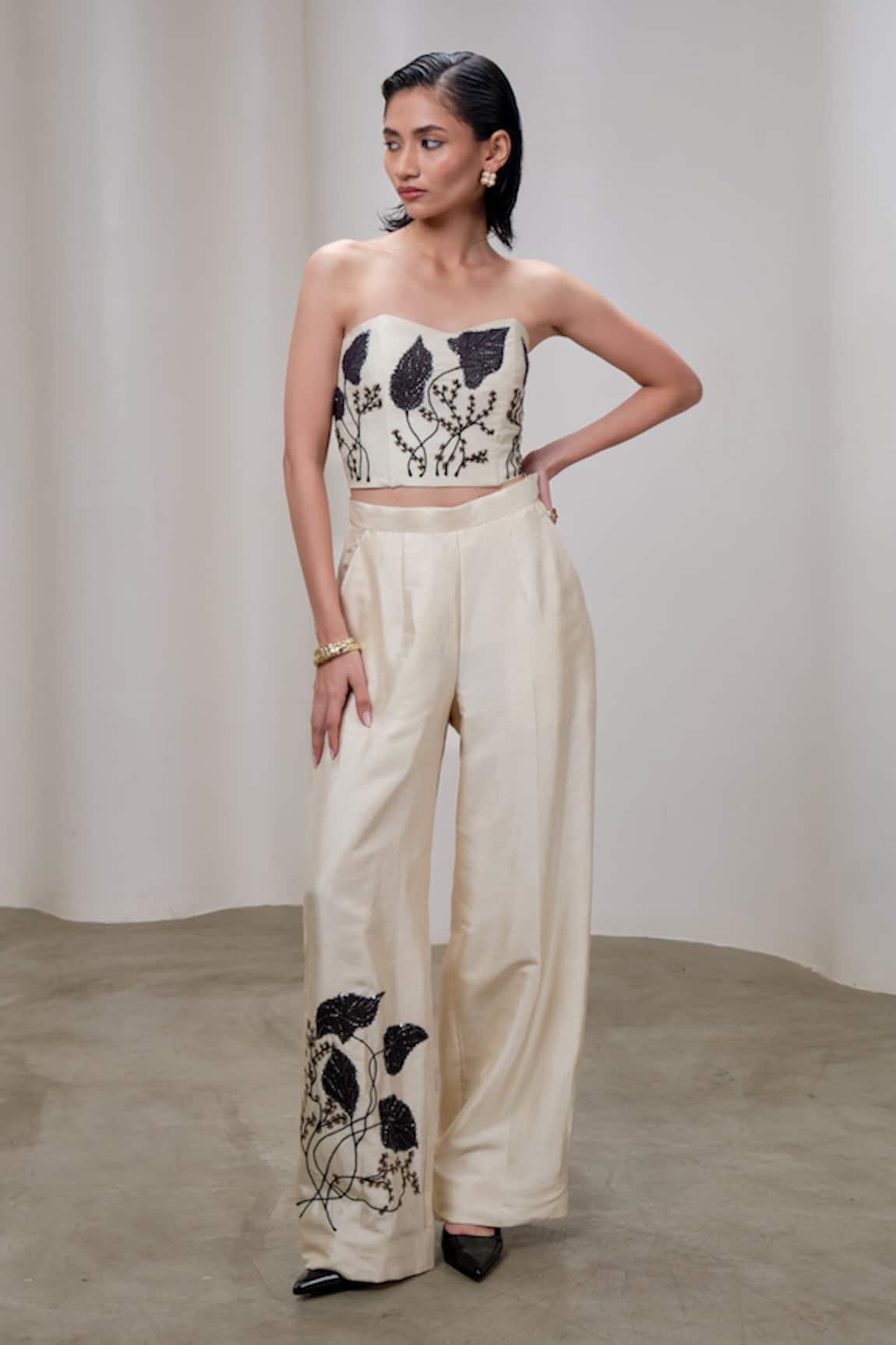 The Right Cut Embroidered Leaf Corset & Pant Set 