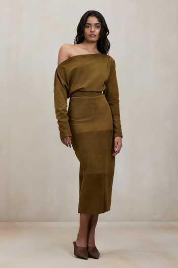 Deme By Gabriella Aubrey Suede One Shoulder Top & Skirt Set 