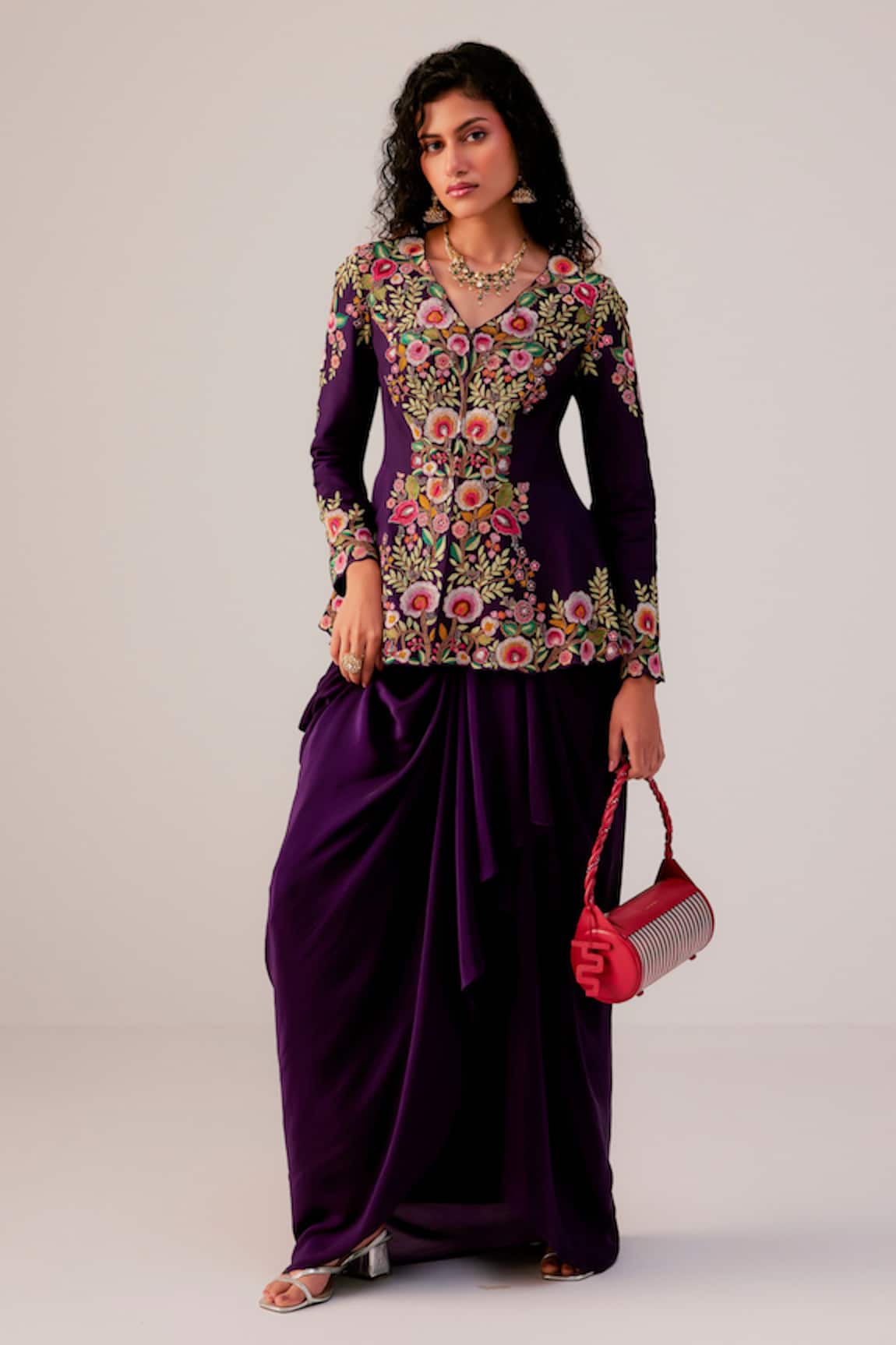 Rishi And Soujit Multicolor Thread Embroidered Peplum Top & Skirt 