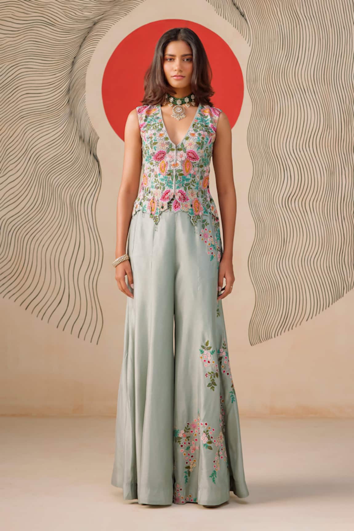 Rishi And Soujit Floral Thread & Pearl Embroidered Waistcoat Pant Set 