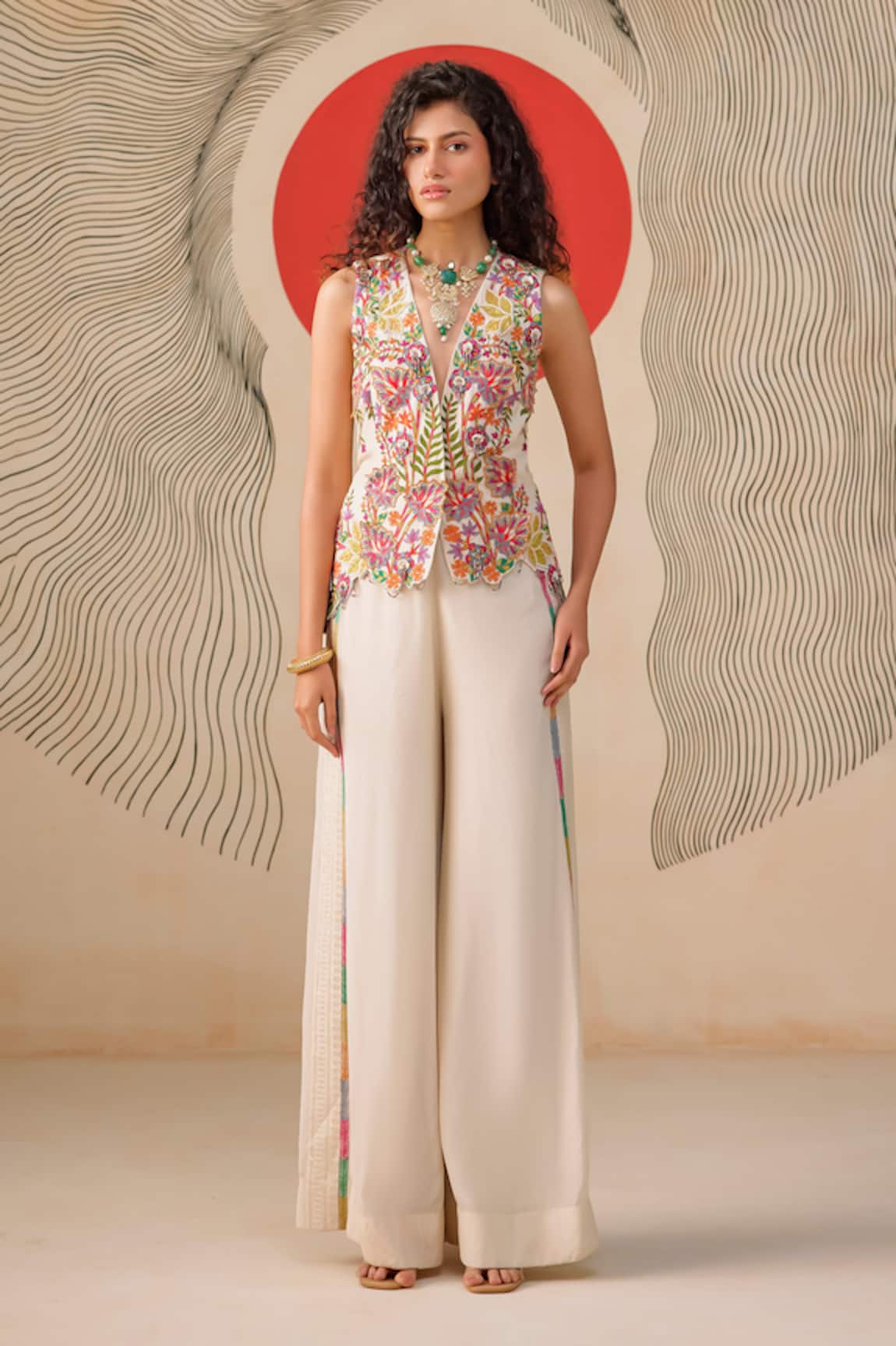 Rishi And Soujit Multicolour Thread Embroidered Jacket & Flared Pant 