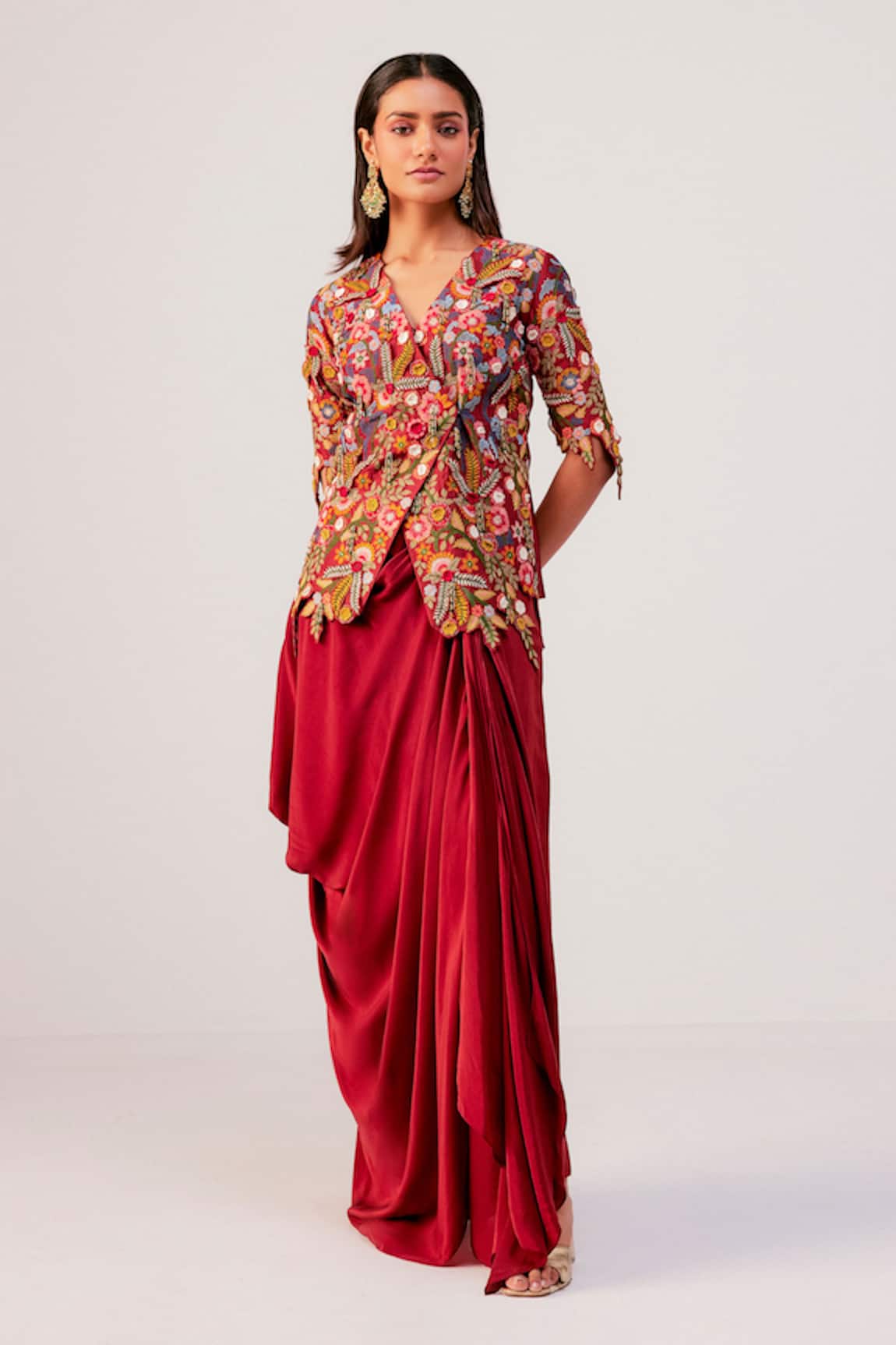 Rishi And Soujit Floral Embroidered Wrap Top & Drape Skirt Set 