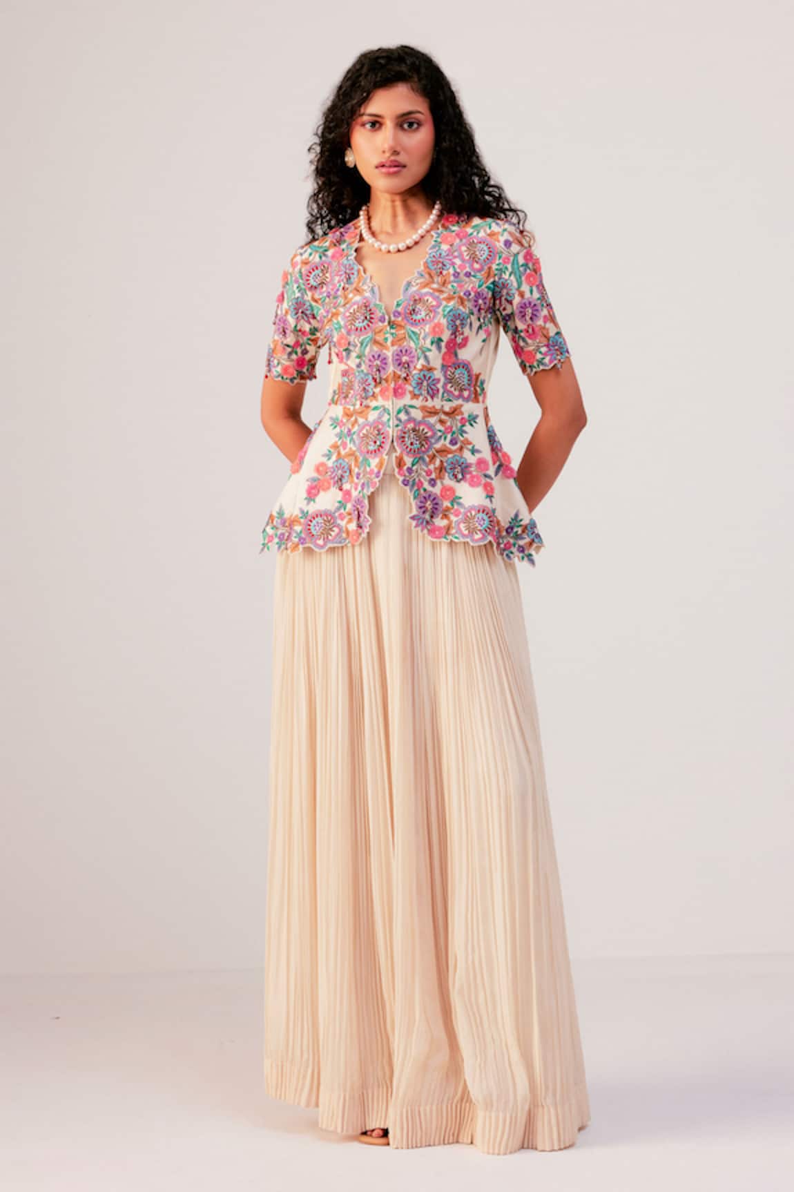 Rishi And Soujit Floral Embroidered Peplum Top & Flared Pant Set 